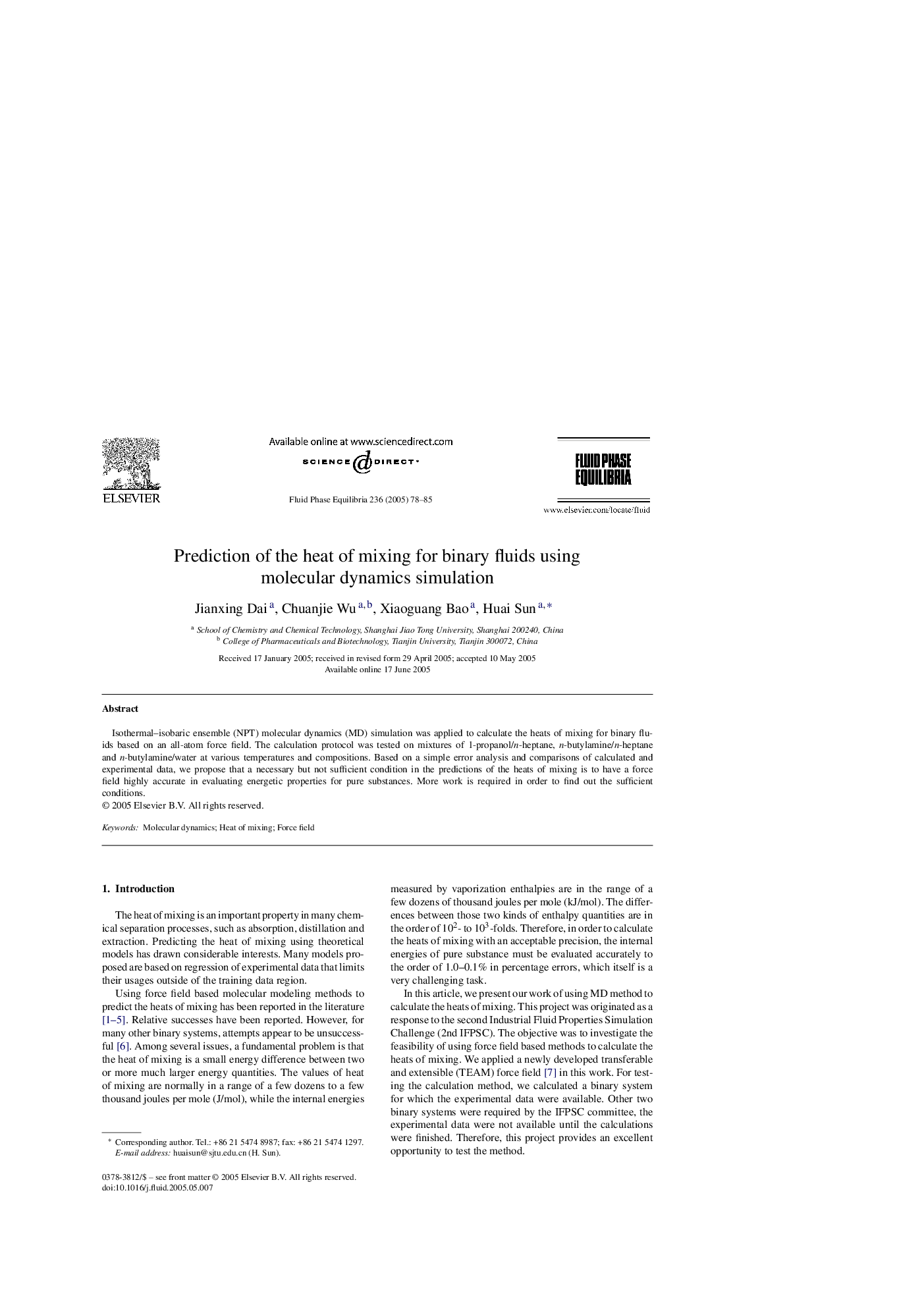 Prediction of the heat of mixing for binary fluids using molecular dynamics simulation