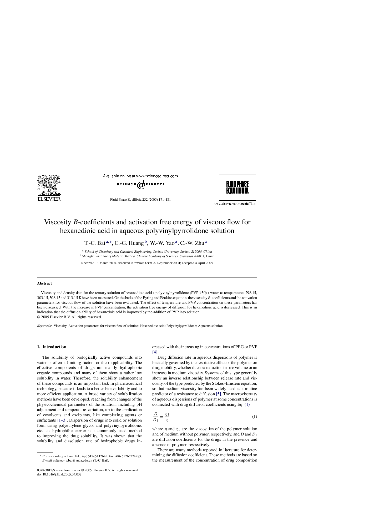 Viscosity B-coefficients and activation free energy of viscous flow for hexanedioic acid in aqueous polyvinylpyrrolidone solution