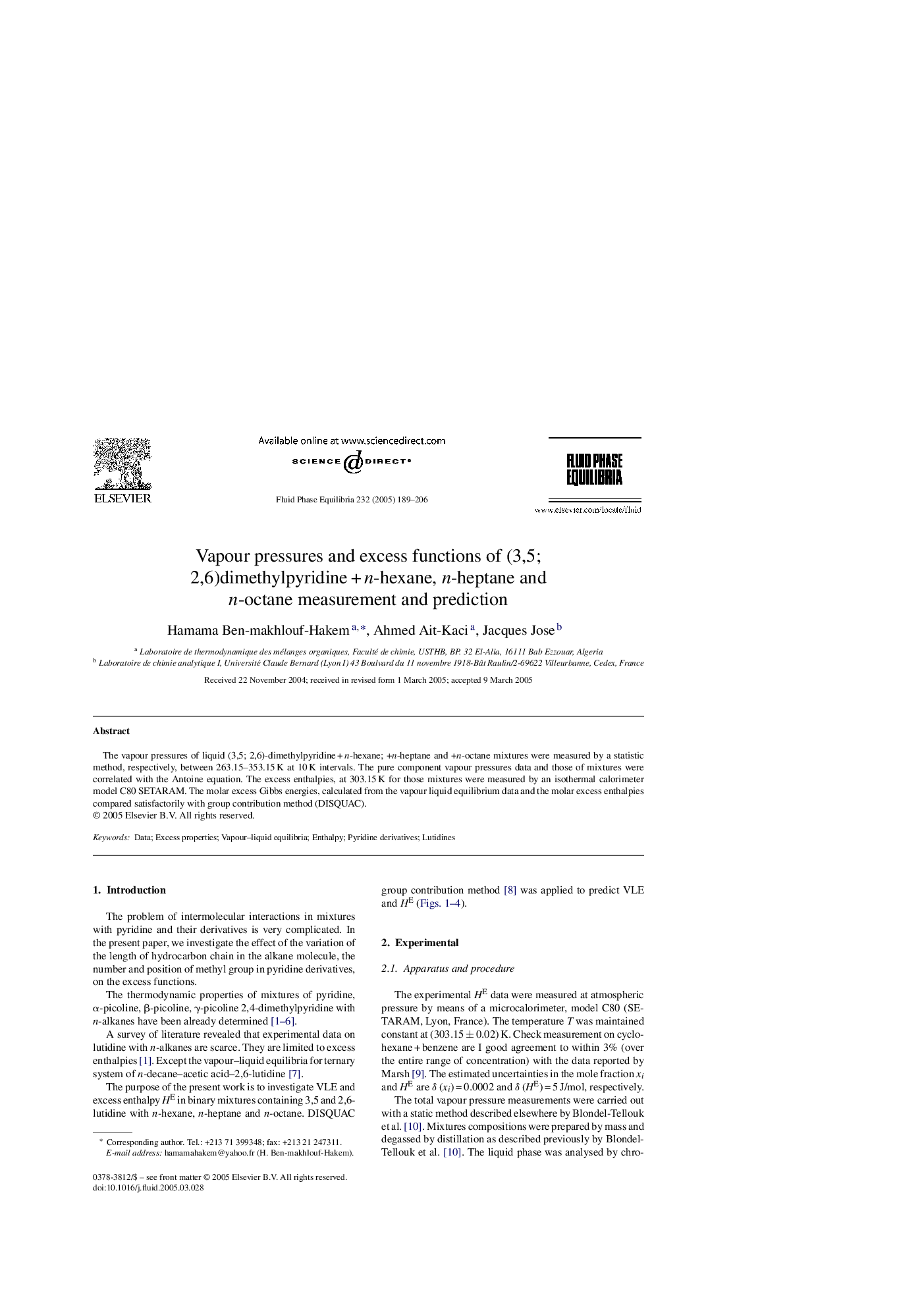 Vapour pressures and excess functions of (3,5; 2,6)dimethylpyridineÂ +Â n-hexane, n-heptane and n-octane measurement and prediction