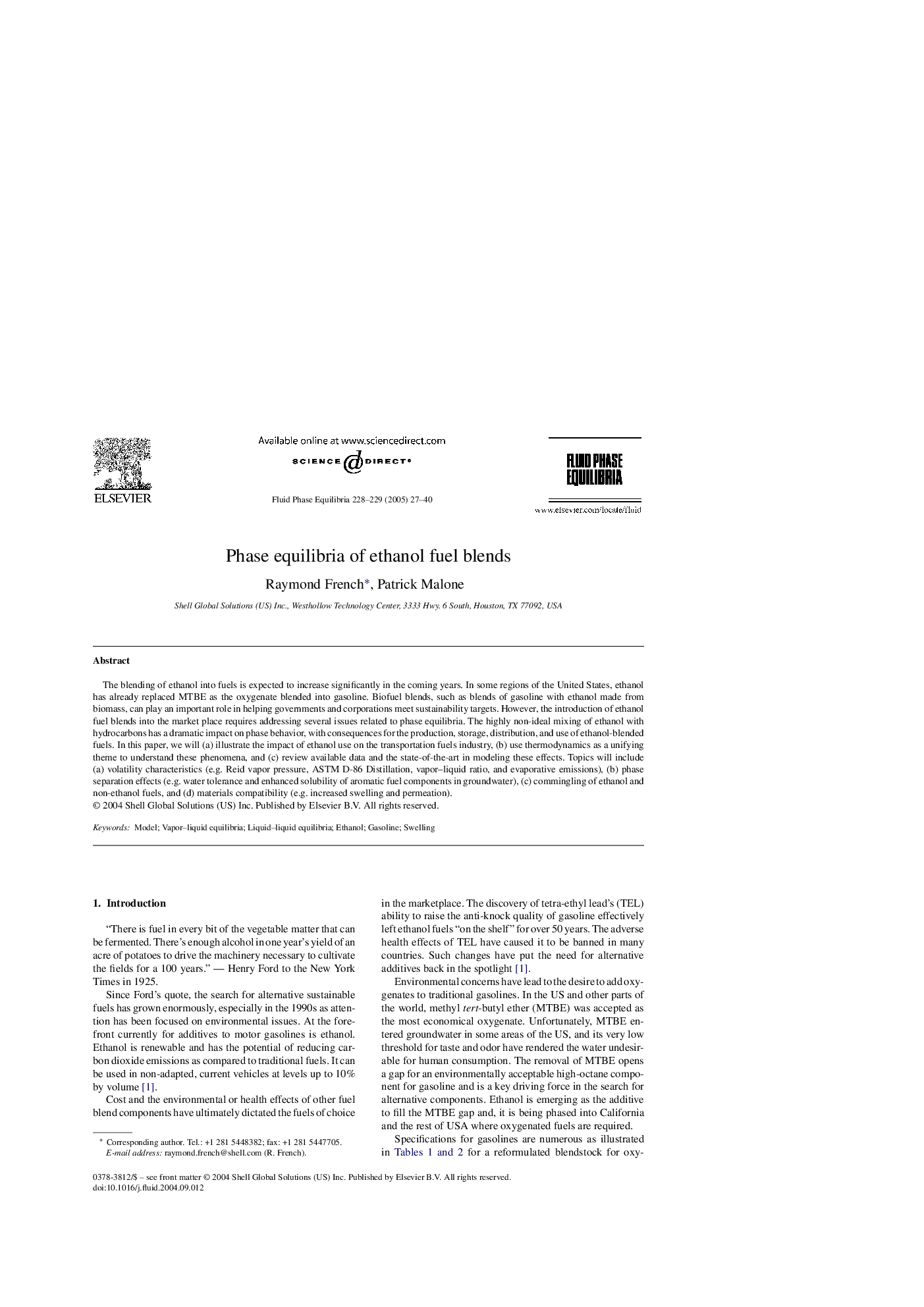 Phase equilibria of ethanol fuel blends