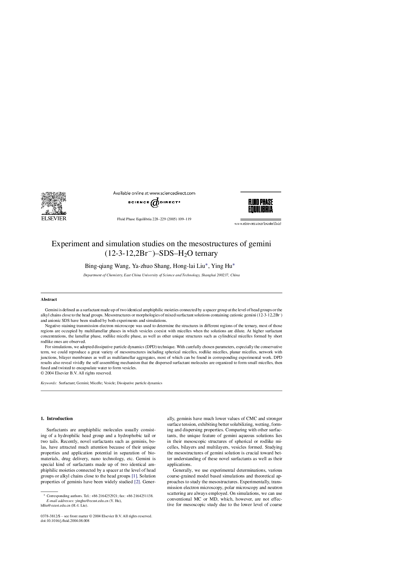 Experiment and simulation studies on the mesostructures of gemini (12-3-12,2Brâ)-SDS-H2O ternary