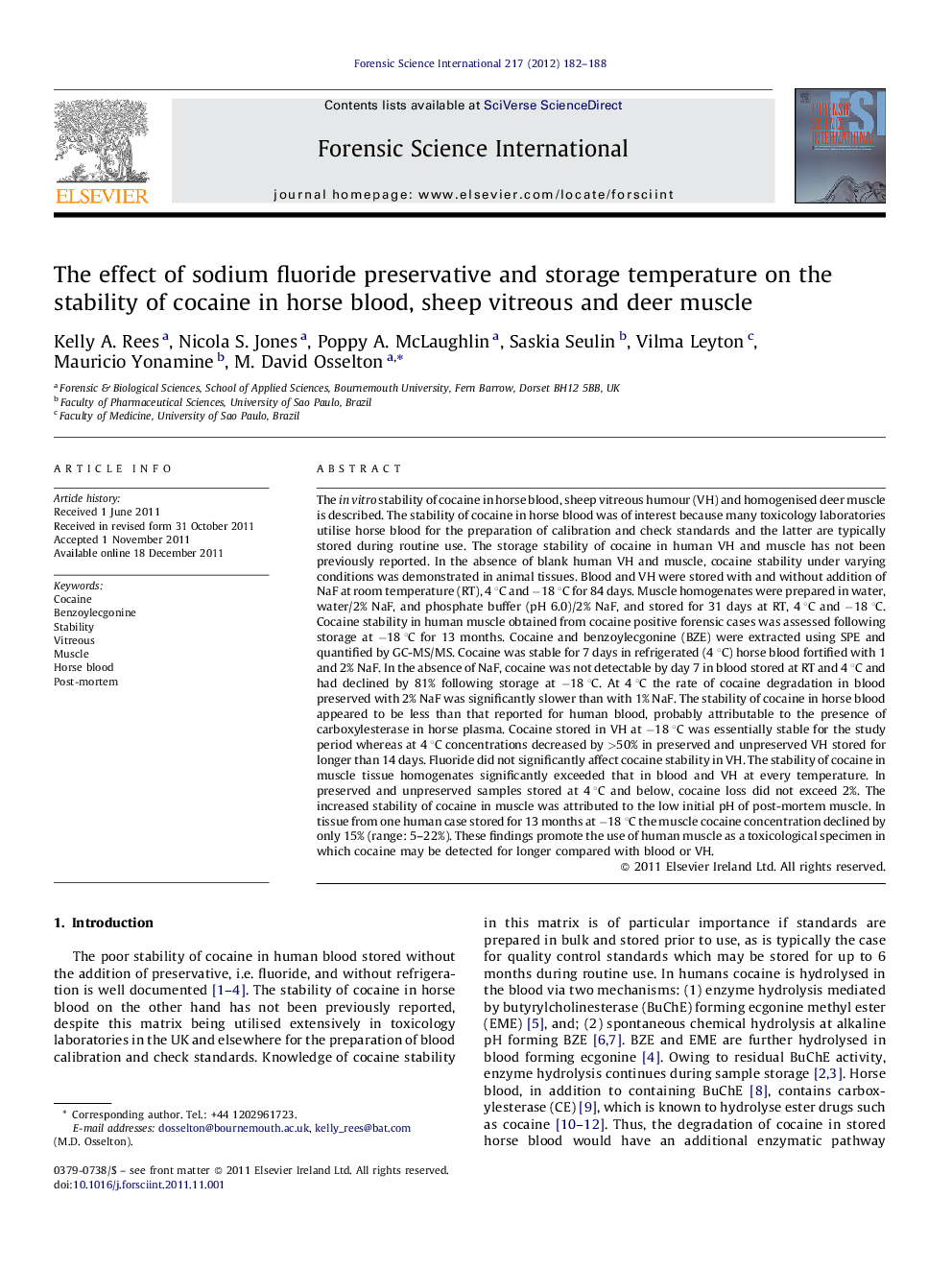 عکس صفحه اول مقاله: The effect of sodium fluoride preservative and storage temperature on the stability of cocaine in horse blood, sheep vitreous and deer muscle The effect of sodium fluoride preservative and storage temperature on the stability of cocaine in horse blood, sheep vitreous and deer muscle