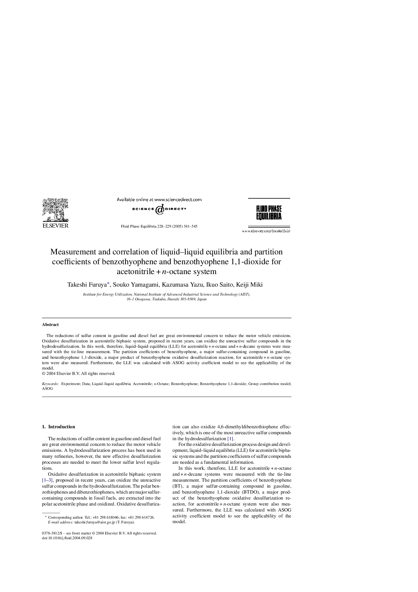 Measurement and correlation of liquid-liquid equilibria and partition coefficients of benzothyophene and benzothyophene 1,1-dioxide for acetonitrileÂ +Â n-octane system