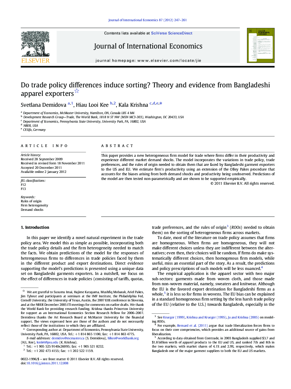 Do trade policy differences induce sorting? Theory and evidence from Bangladeshi apparel exporters