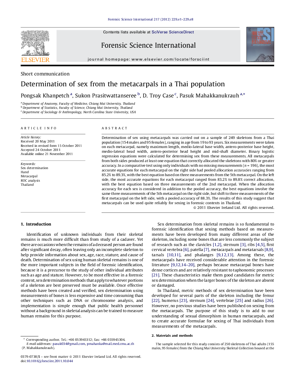 Determination of sex from the metacarpals in a Thai population