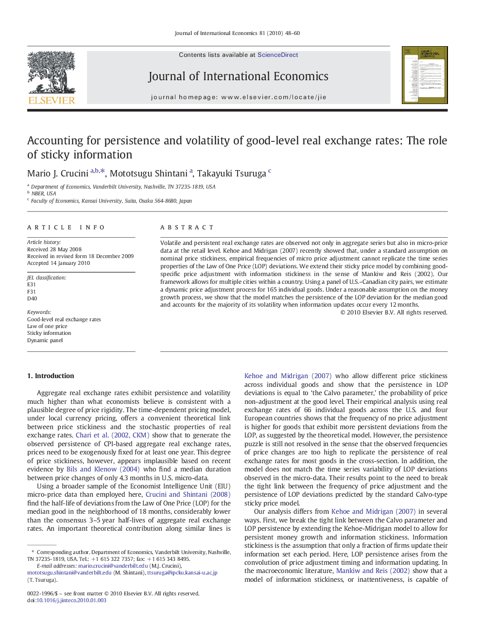 Accounting for persistence and volatility of good-level real exchange rates: The role of sticky information