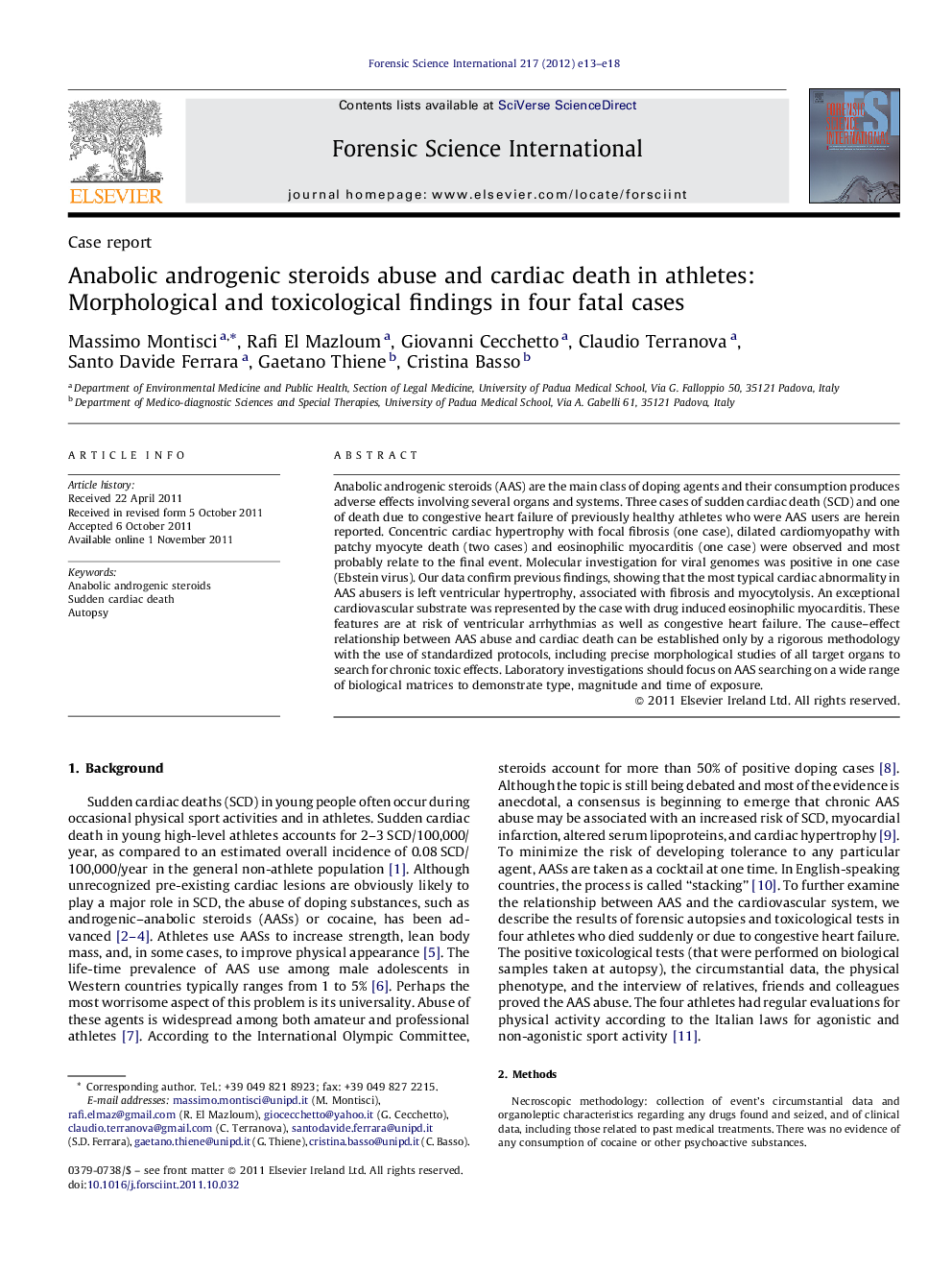 Anabolic androgenic steroids abuse and cardiac death in athletes: Morphological and toxicological findings in four fatal cases