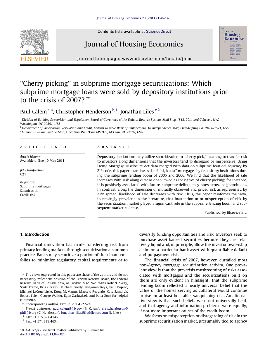 “Cherry picking” in subprime mortgage securitizations: Which subprime mortgage loans were sold by depository institutions prior to the crisis of 2007?