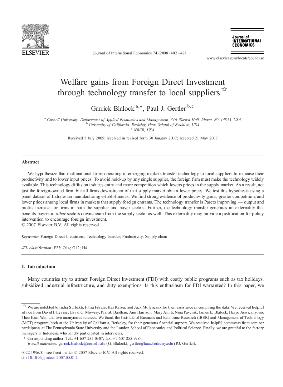 Welfare gains from Foreign Direct Investment through technology transfer to local suppliers