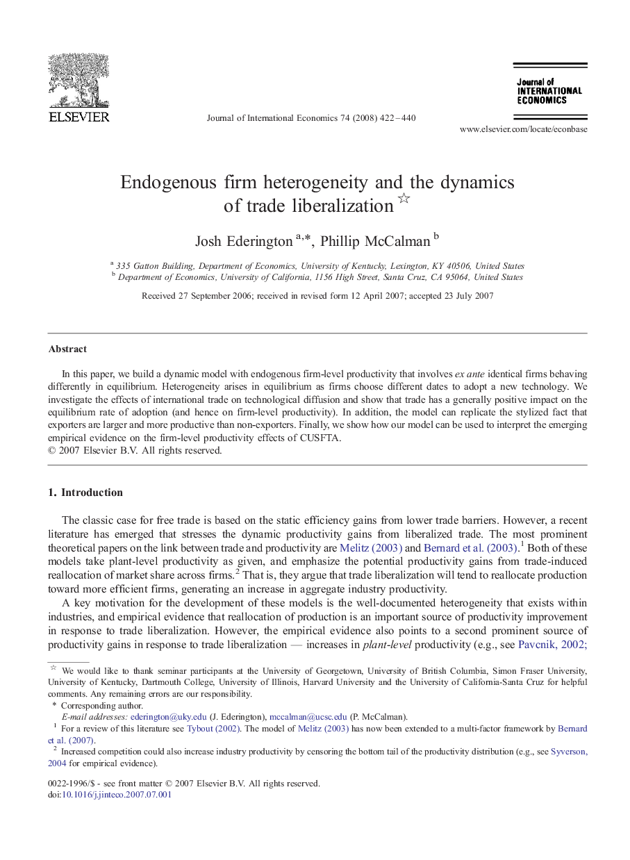 Endogenous firm heterogeneity and the dynamics of trade liberalization