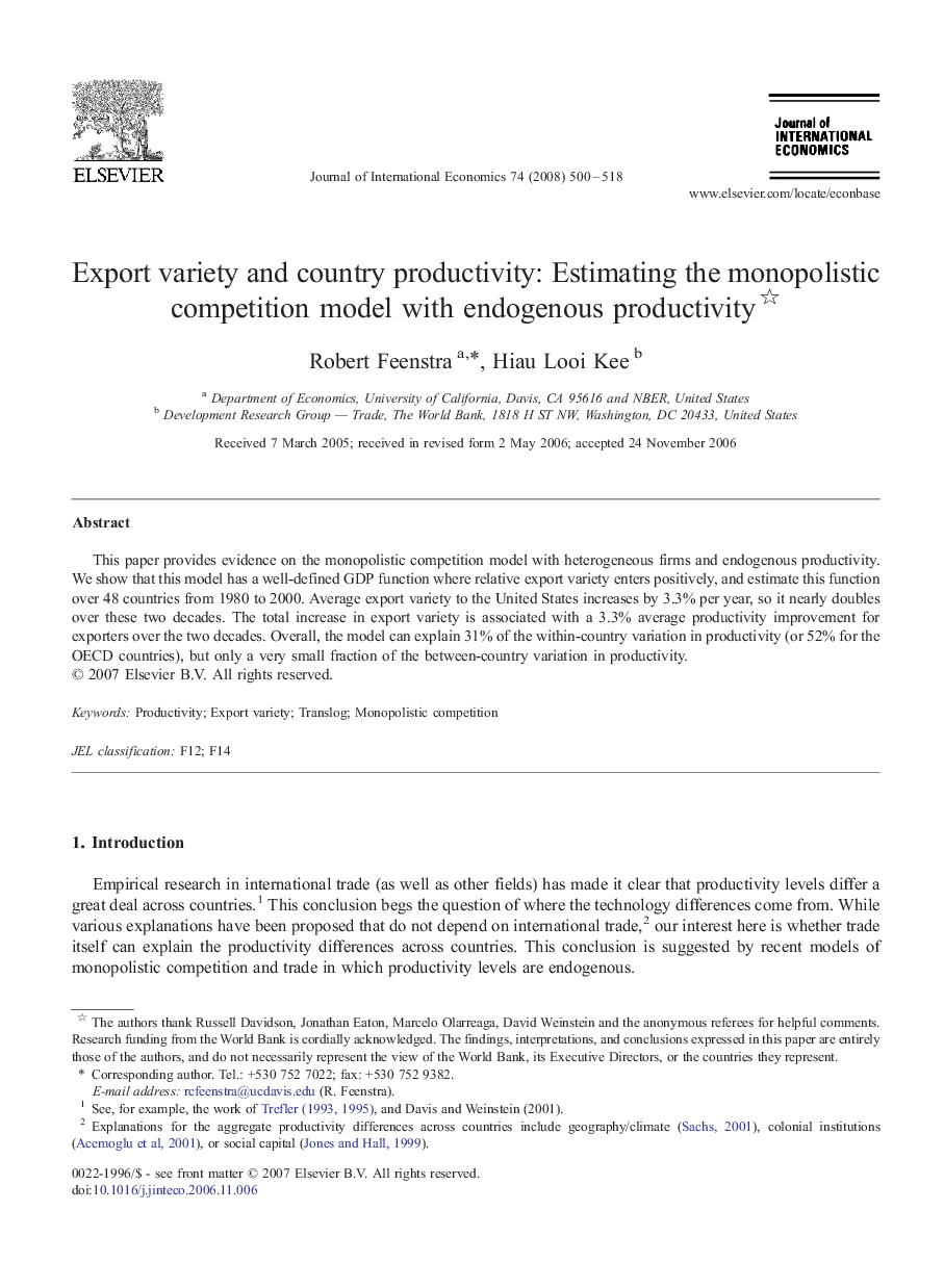 Export variety and country productivity: Estimating the monopolistic competition model with endogenous productivity