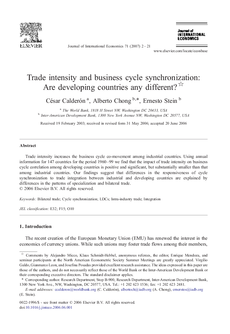 Trade intensity and business cycle synchronization: Are developing countries any different?