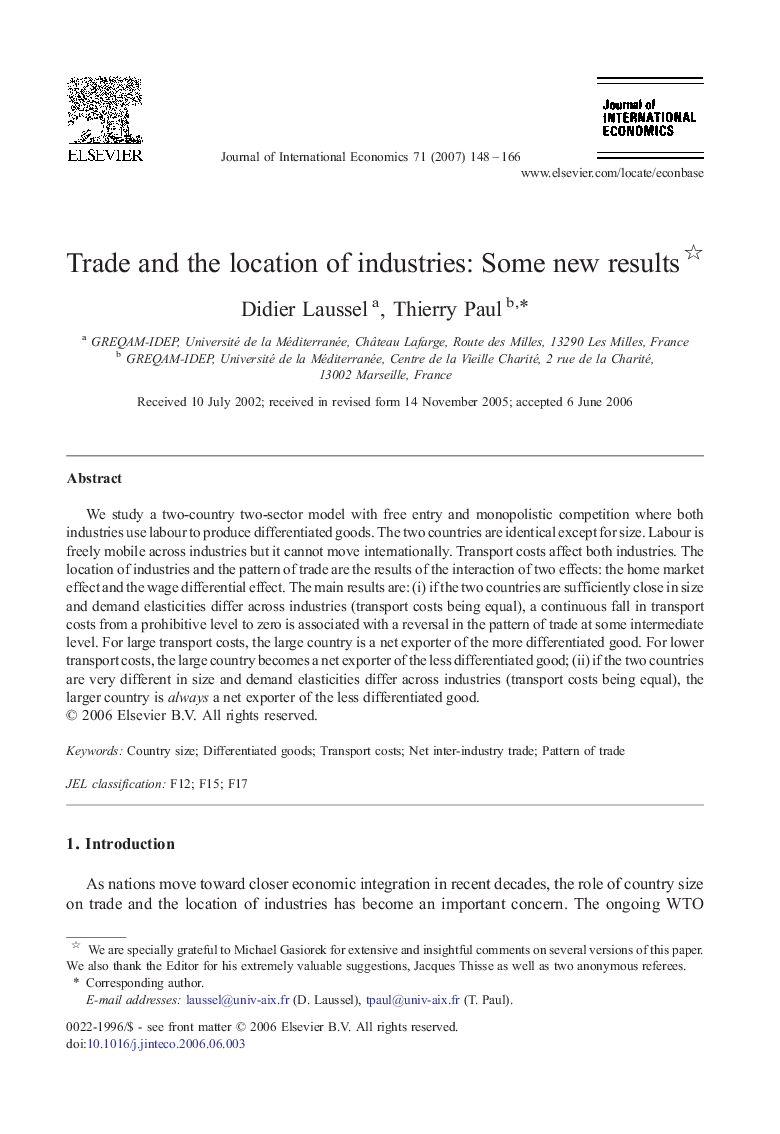 Trade and the location of industries: Some new results