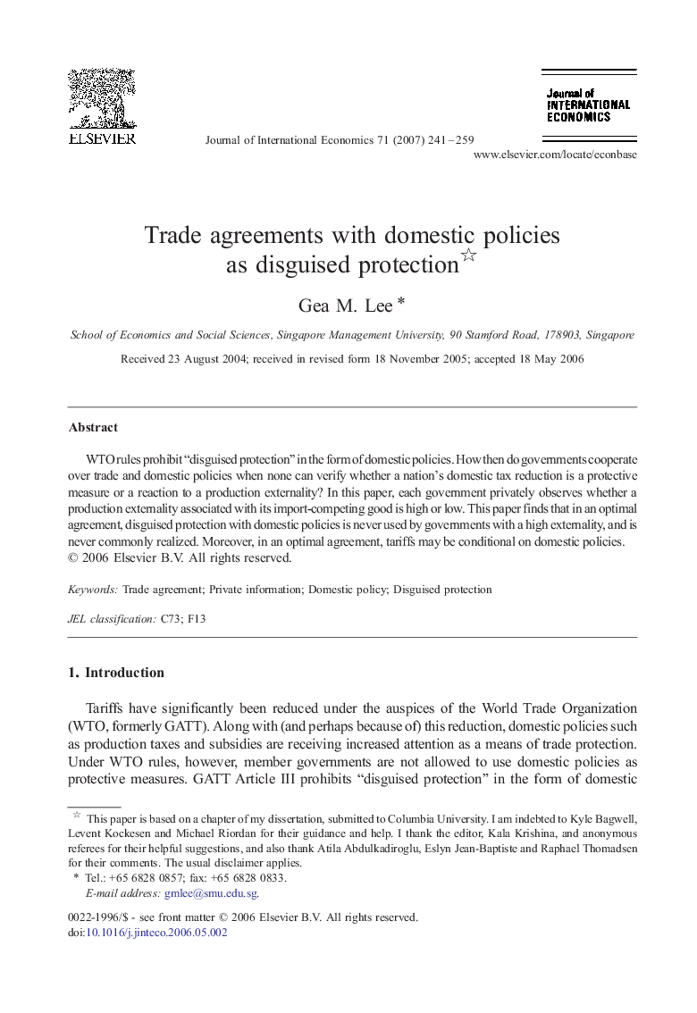 Trade agreements with domestic policies as disguised protection