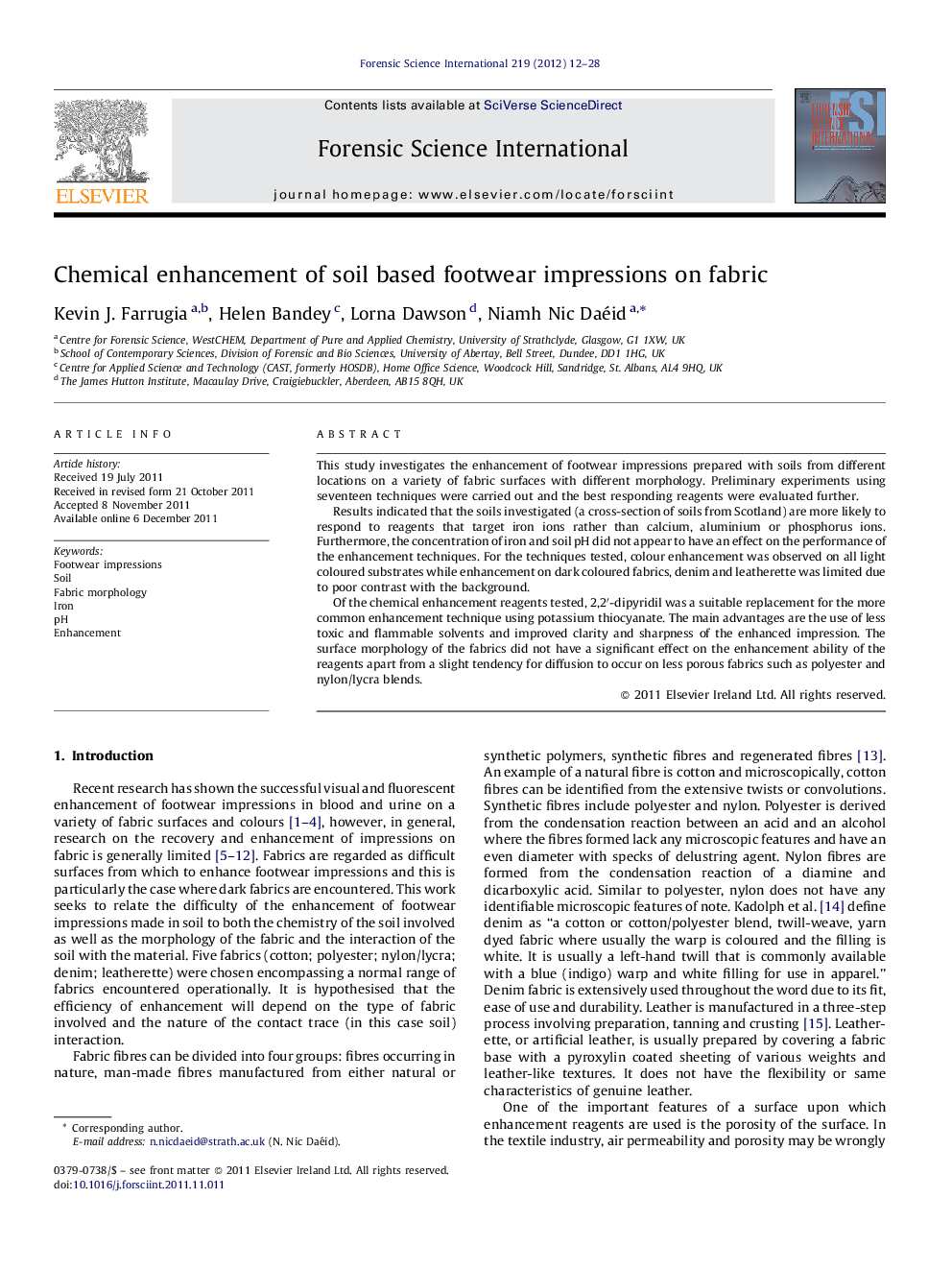 Chemical enhancement of soil based footwear impressions on fabric