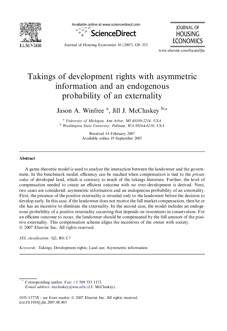 Takings of development rights with asymmetric information and an endogenous probability of an externality