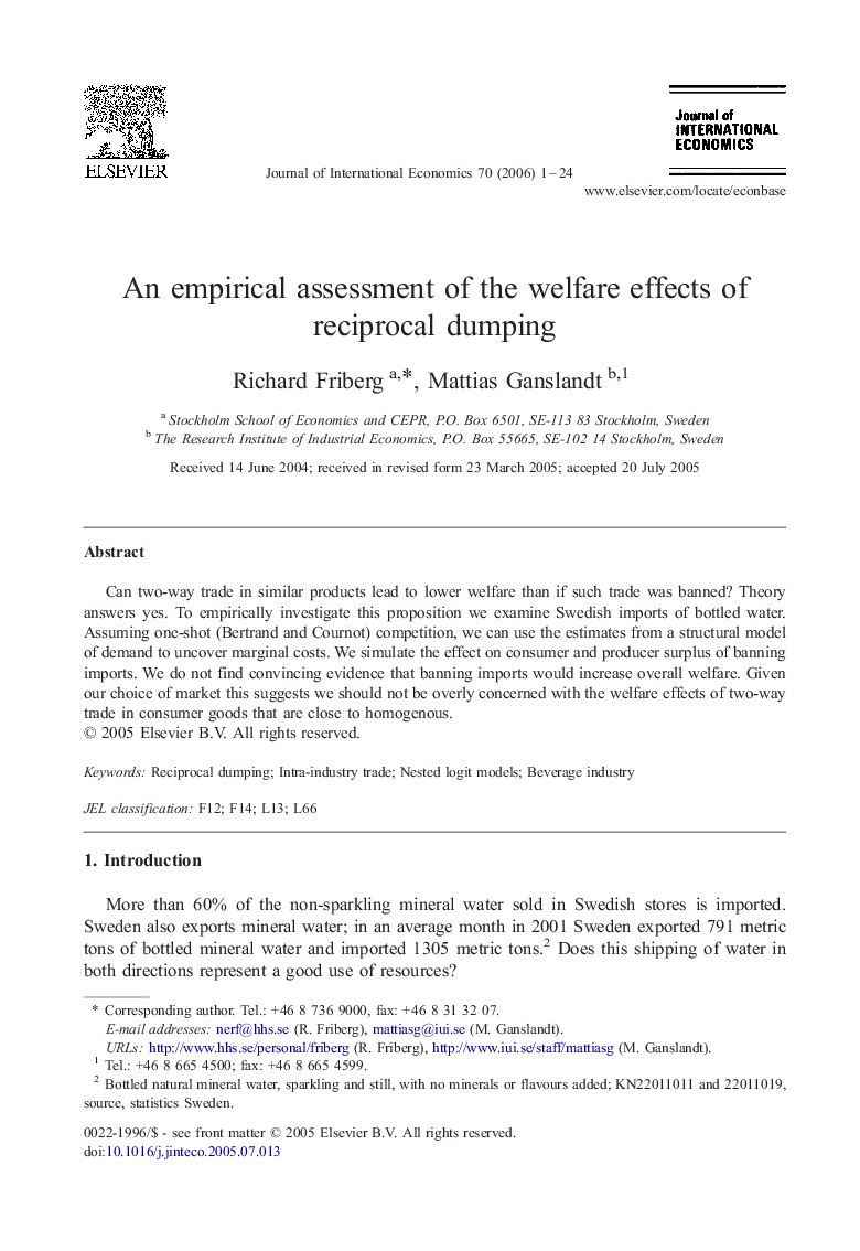 An empirical assessment of the welfare effects of reciprocal dumping