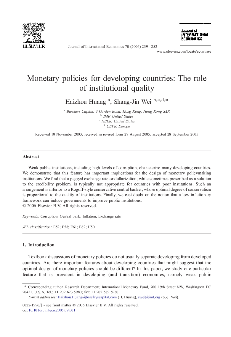 Monetary policies for developing countries: The role of institutional quality