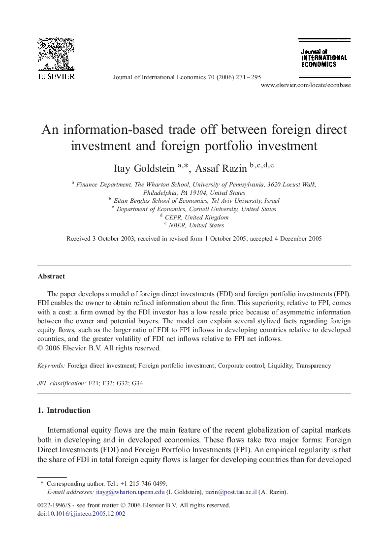 An information-based trade off between foreign direct investment and foreign portfolio investment