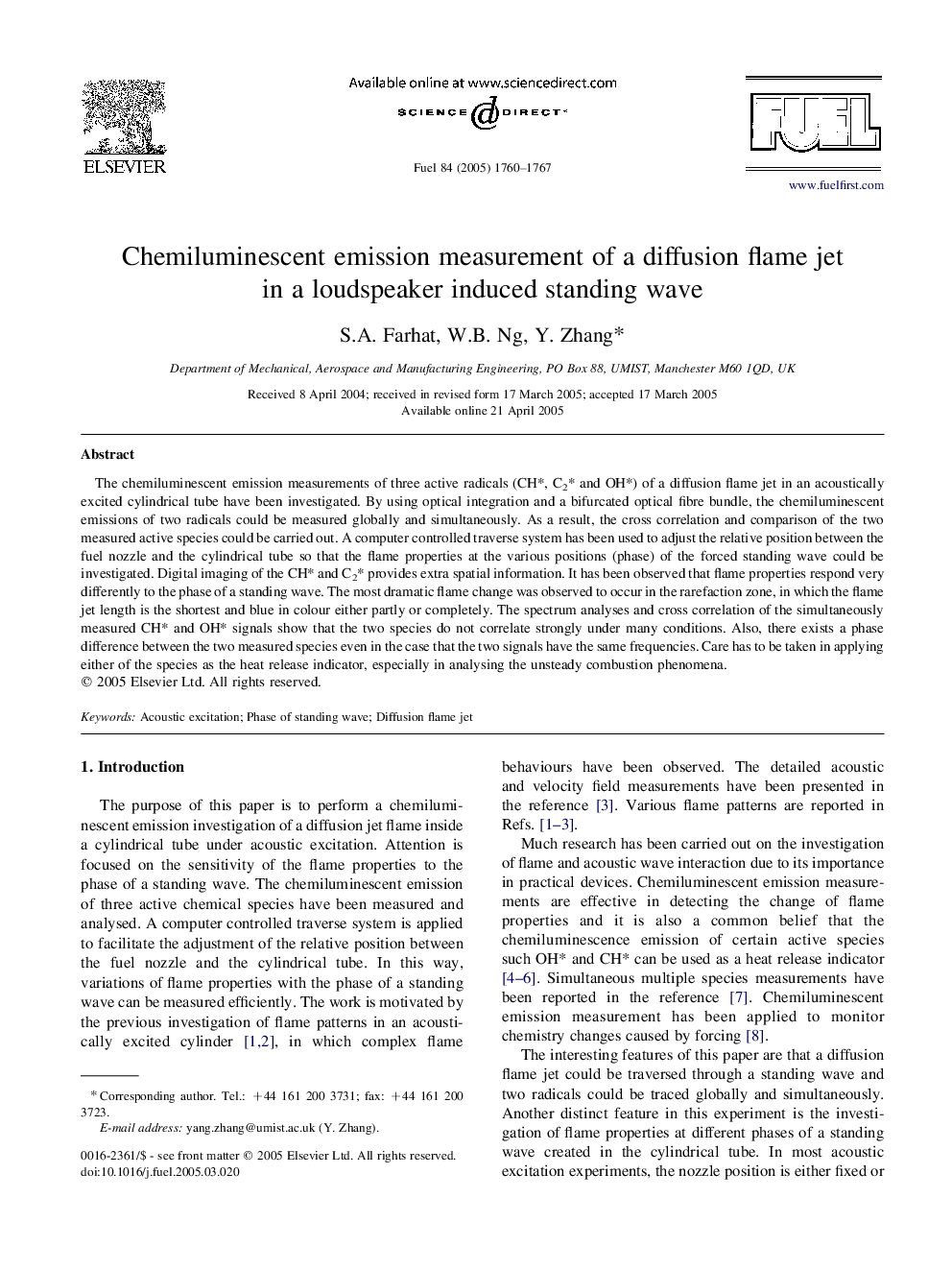 Chemiluminescent emission measurement of a diffusion flame jet in a loudspeaker induced standing wave