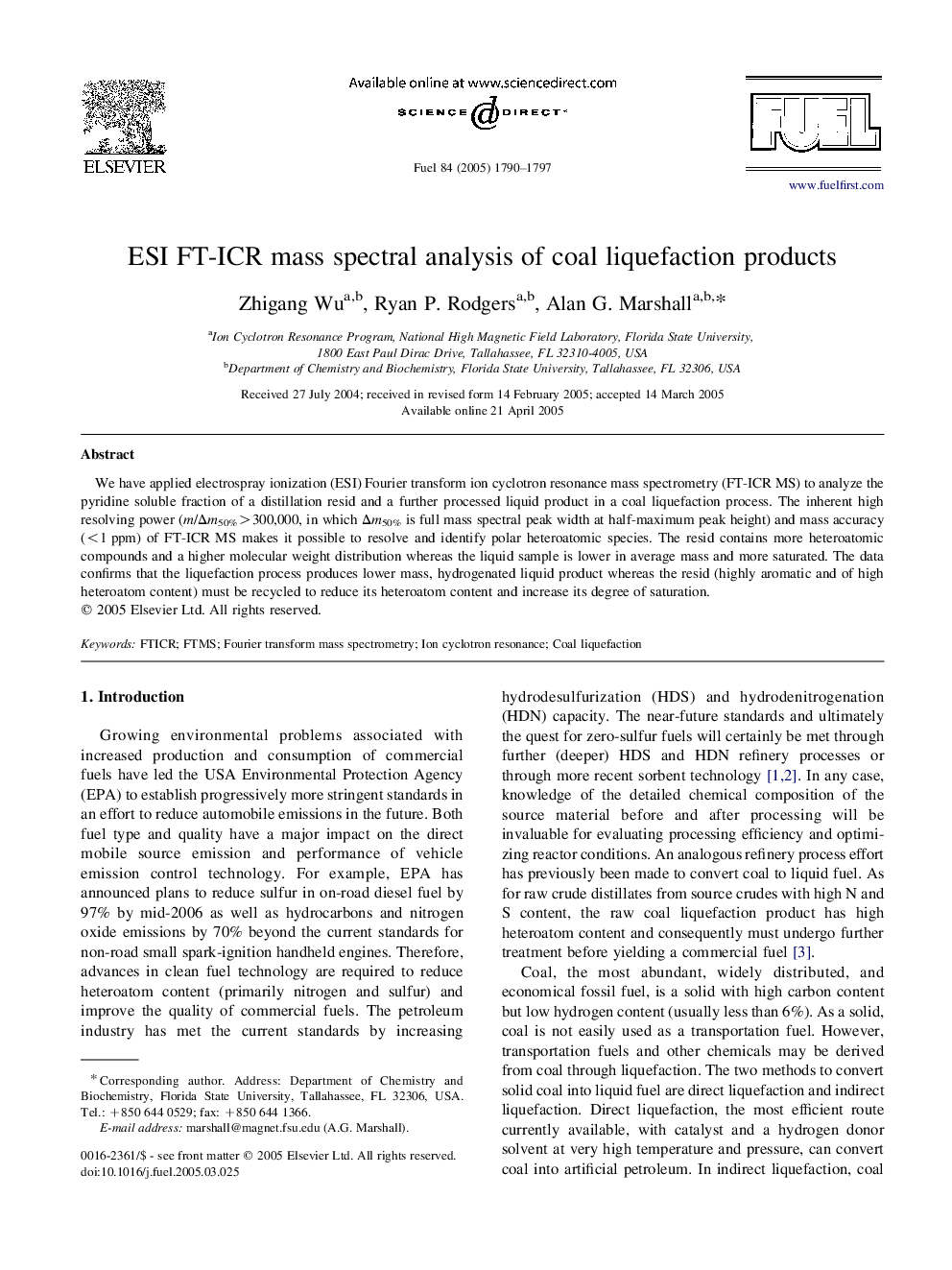 ESI FT-ICR mass spectral analysis of coal liquefaction products