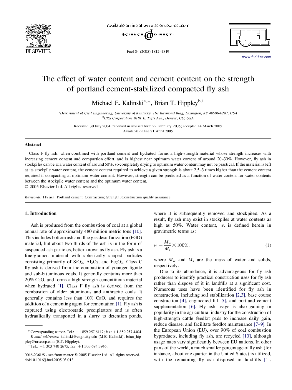 The effect of water content and cement content on the strength of portland cement-stabilized compacted fly ash