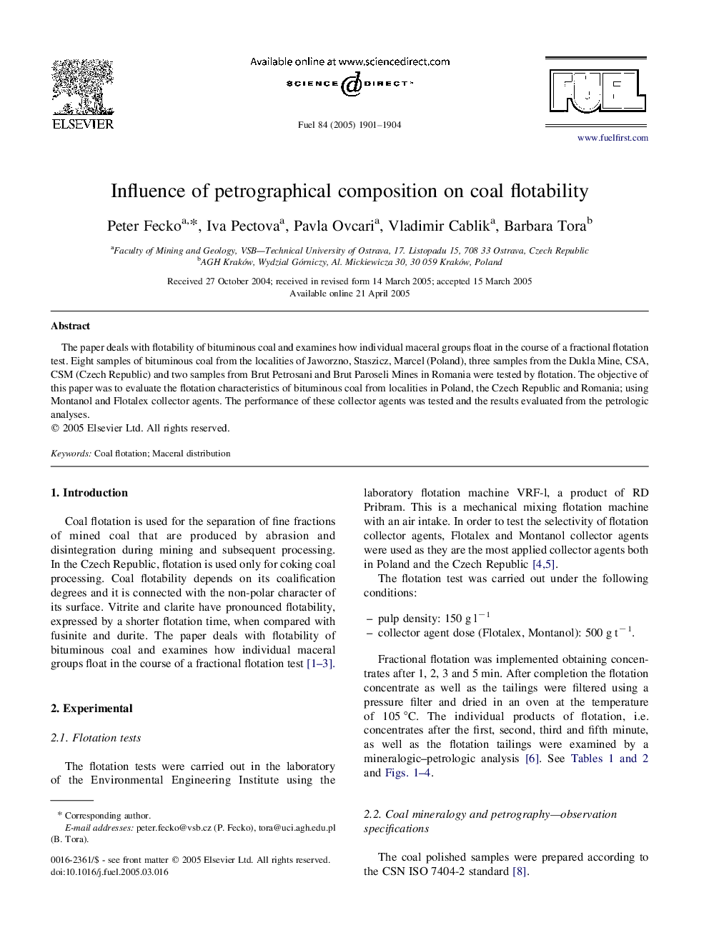 Influence of petrographical composition on coal flotability