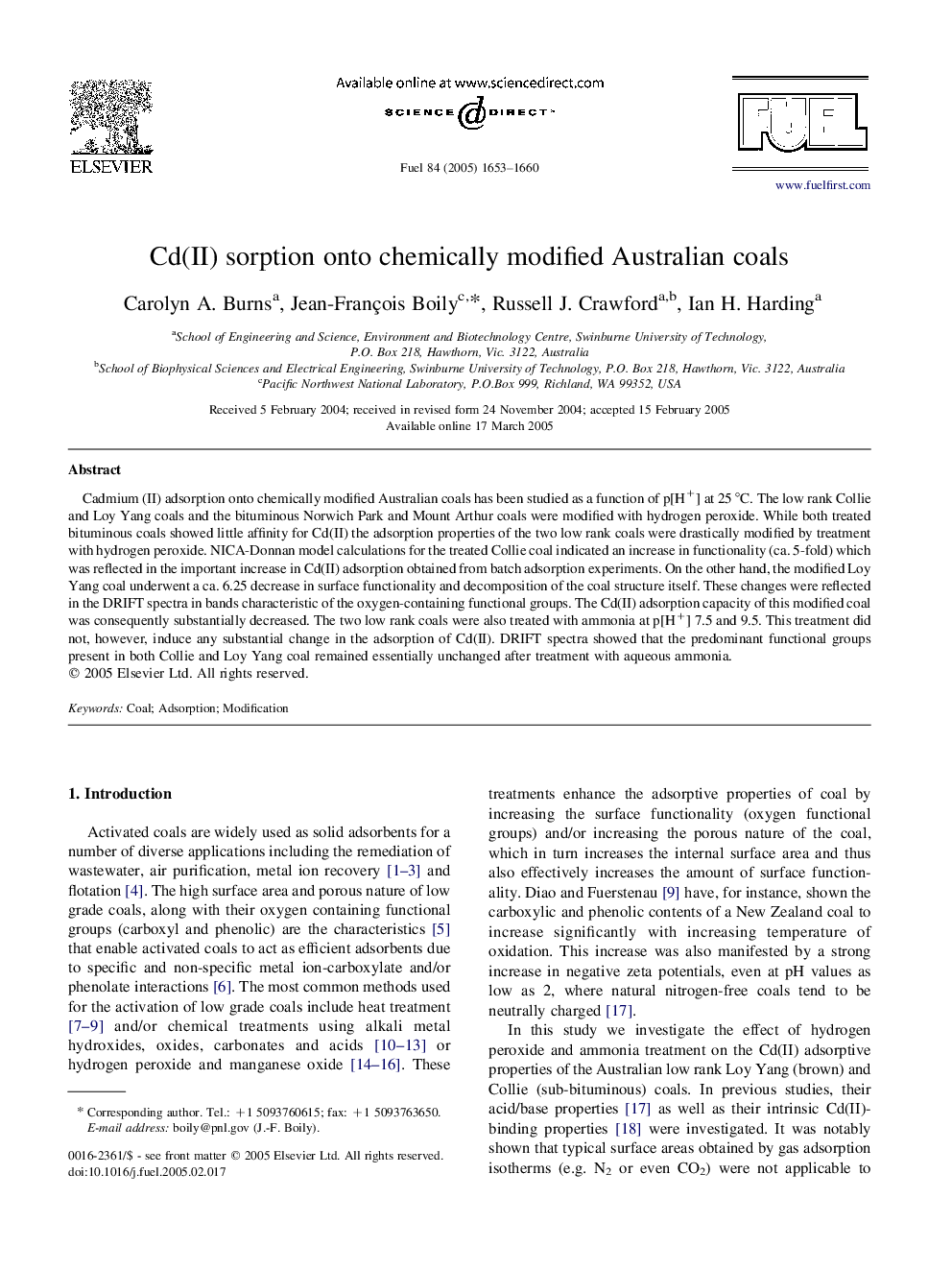 Cd(II) sorption onto chemically modified Australian coals