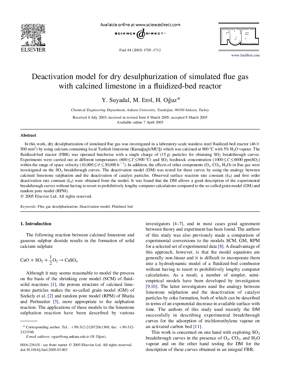 Deactivation model for dry desulphurization of simulated flue gas with calcined limestone in a fluidized-bed reactor