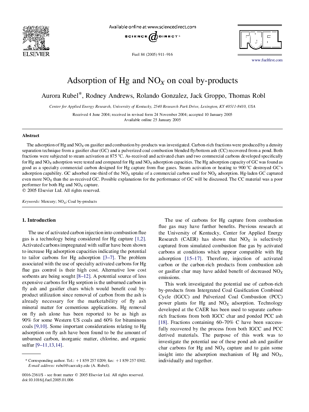 Adsorption of Hg and NOX on coal by-products