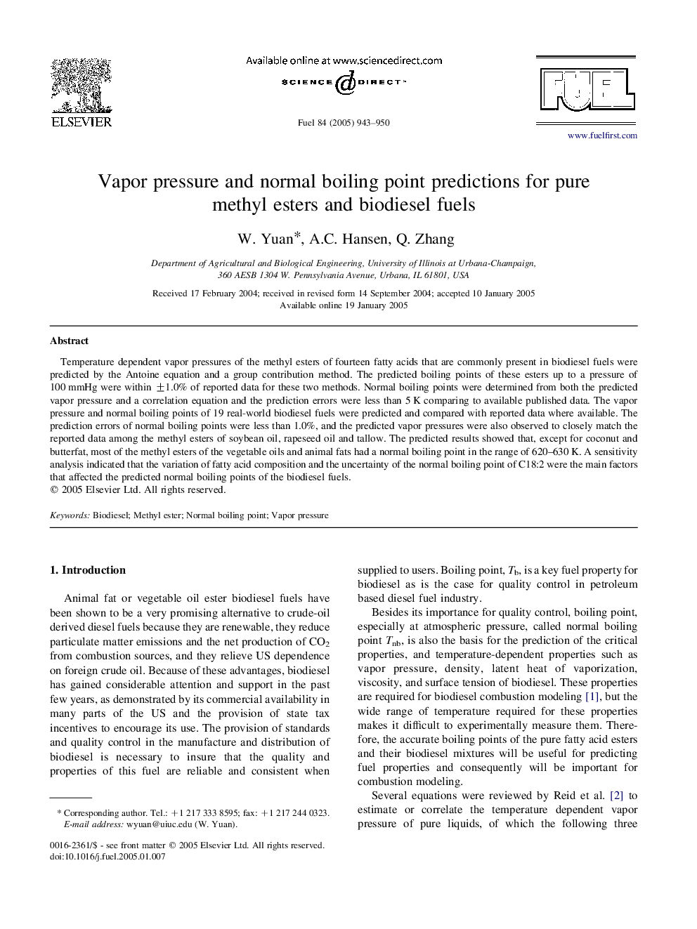 Vapor pressure and normal boiling point predictions for pure methyl esters and biodiesel fuels