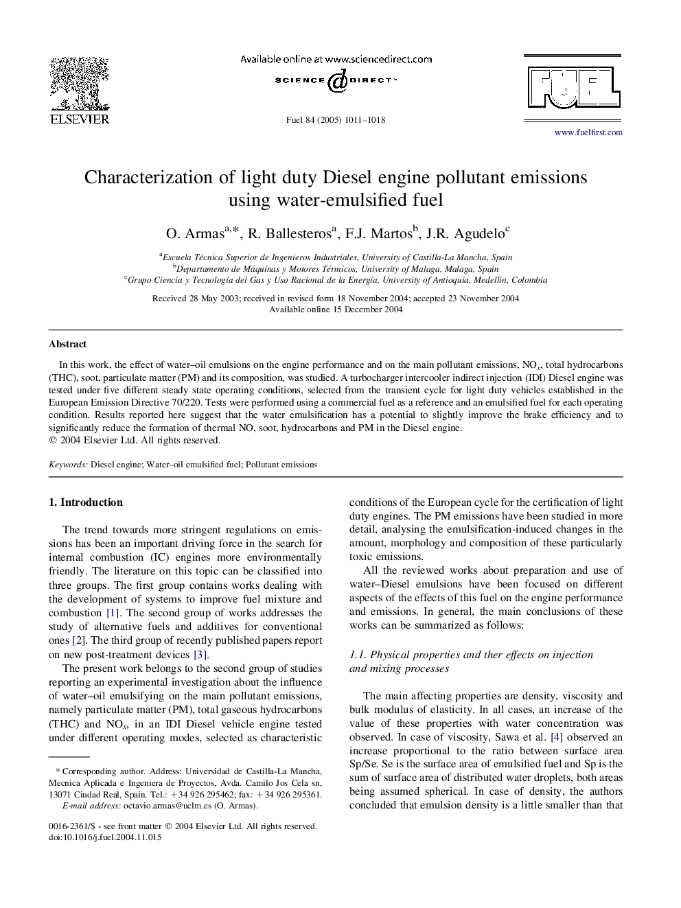 Characterization of light duty Diesel engine pollutant emissions using water-emulsified fuel