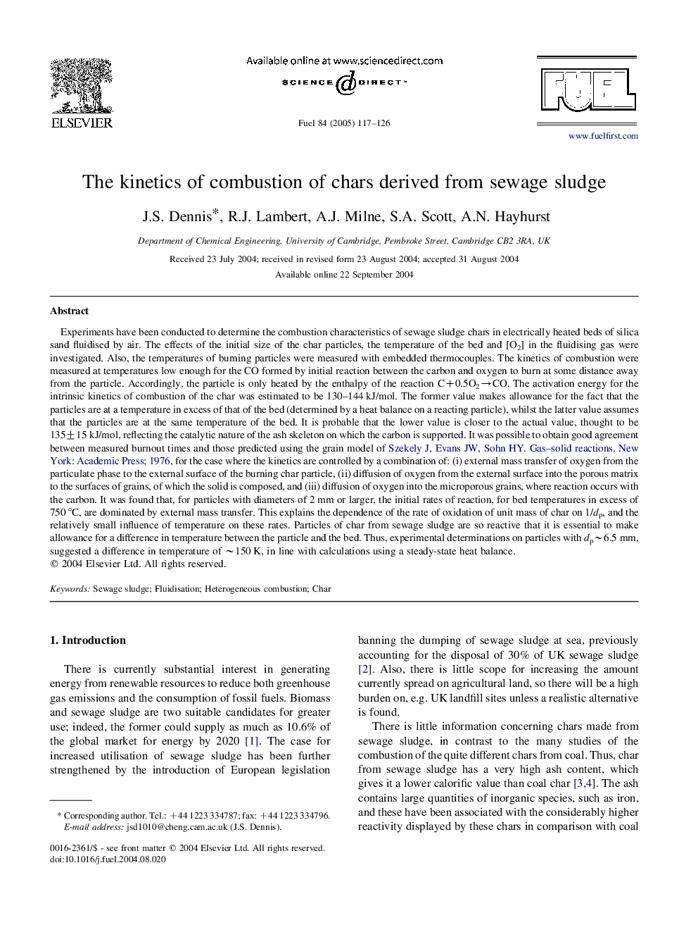 The kinetics of combustion of chars derived from sewage sludge