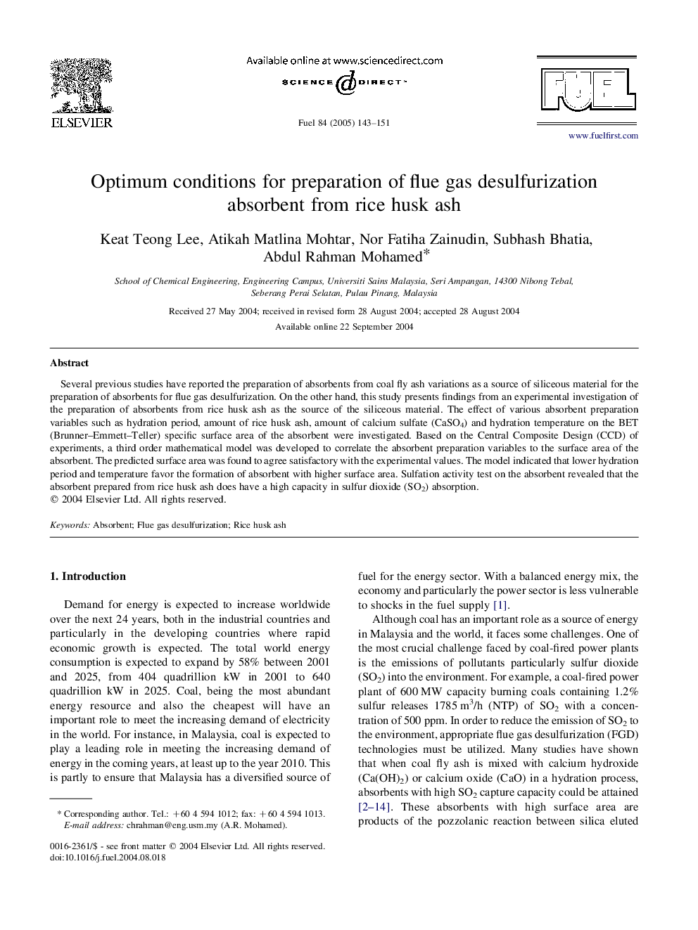 Optimum conditions for preparation of flue gas desulfurization absorbent from rice husk ash