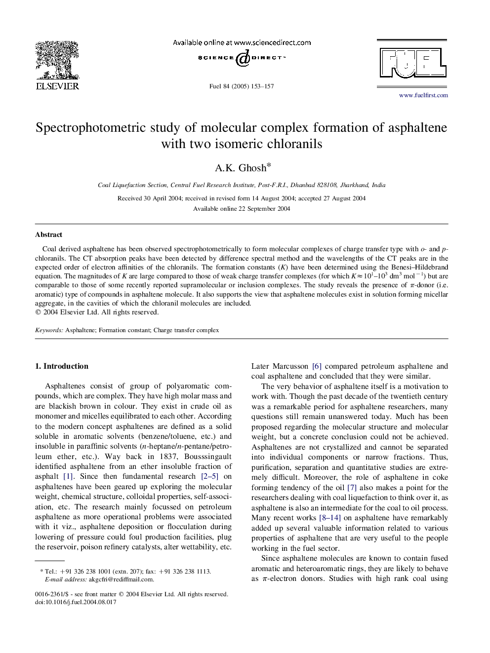 Spectrophotometric study of molecular complex formation of asphaltene with two isomeric chloranils