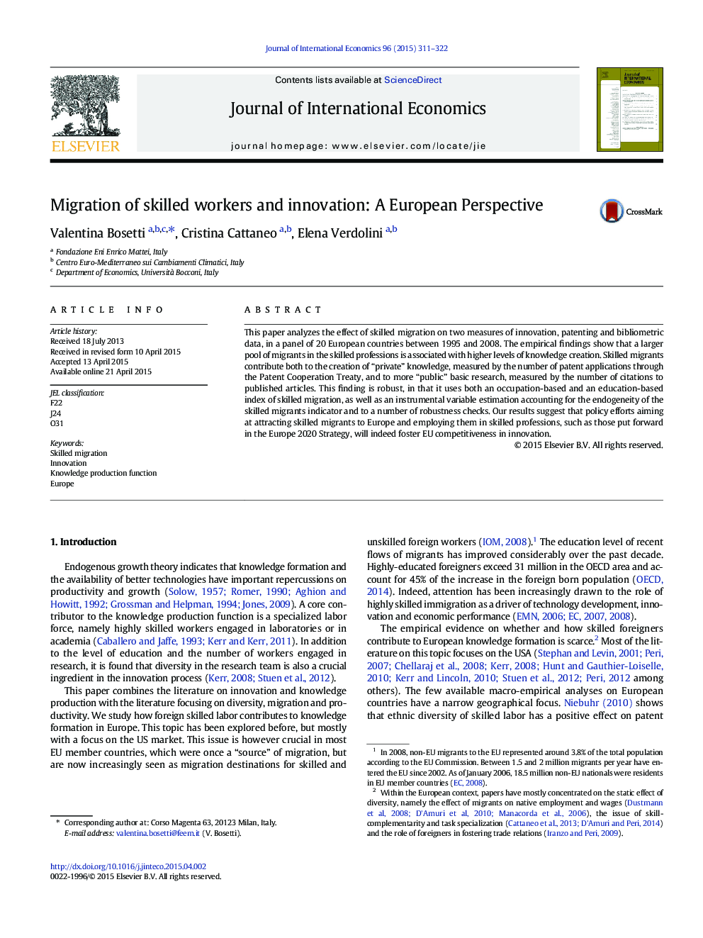 Migration of skilled workers and innovation: A European Perspective