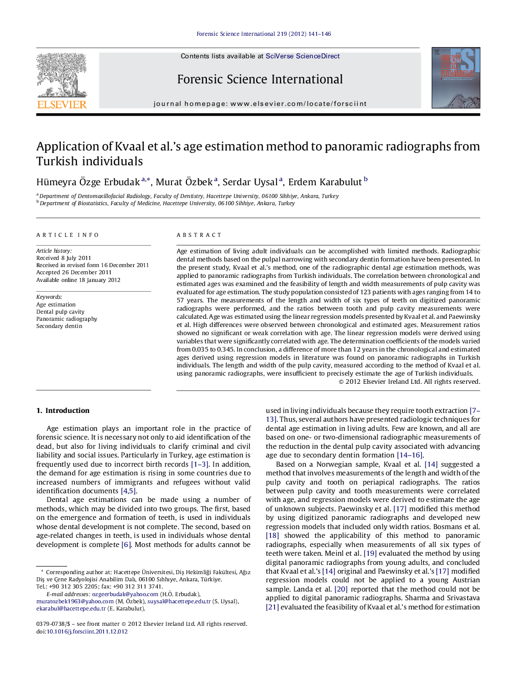 Application of Kvaal et al.’s age estimation method to panoramic radiographs from Turkish individuals