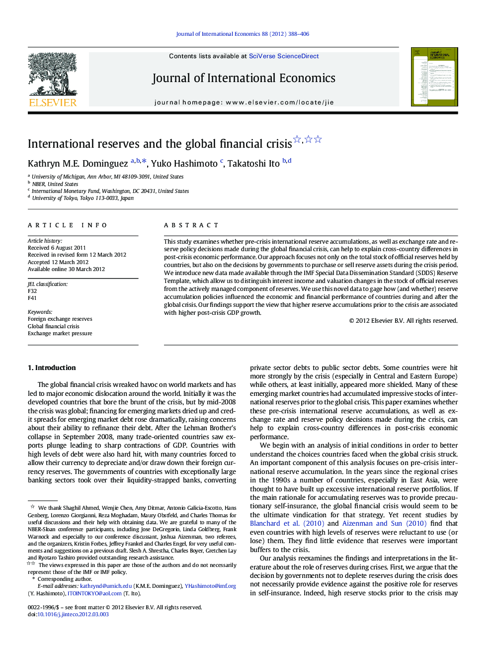 International reserves and the global financial crisis