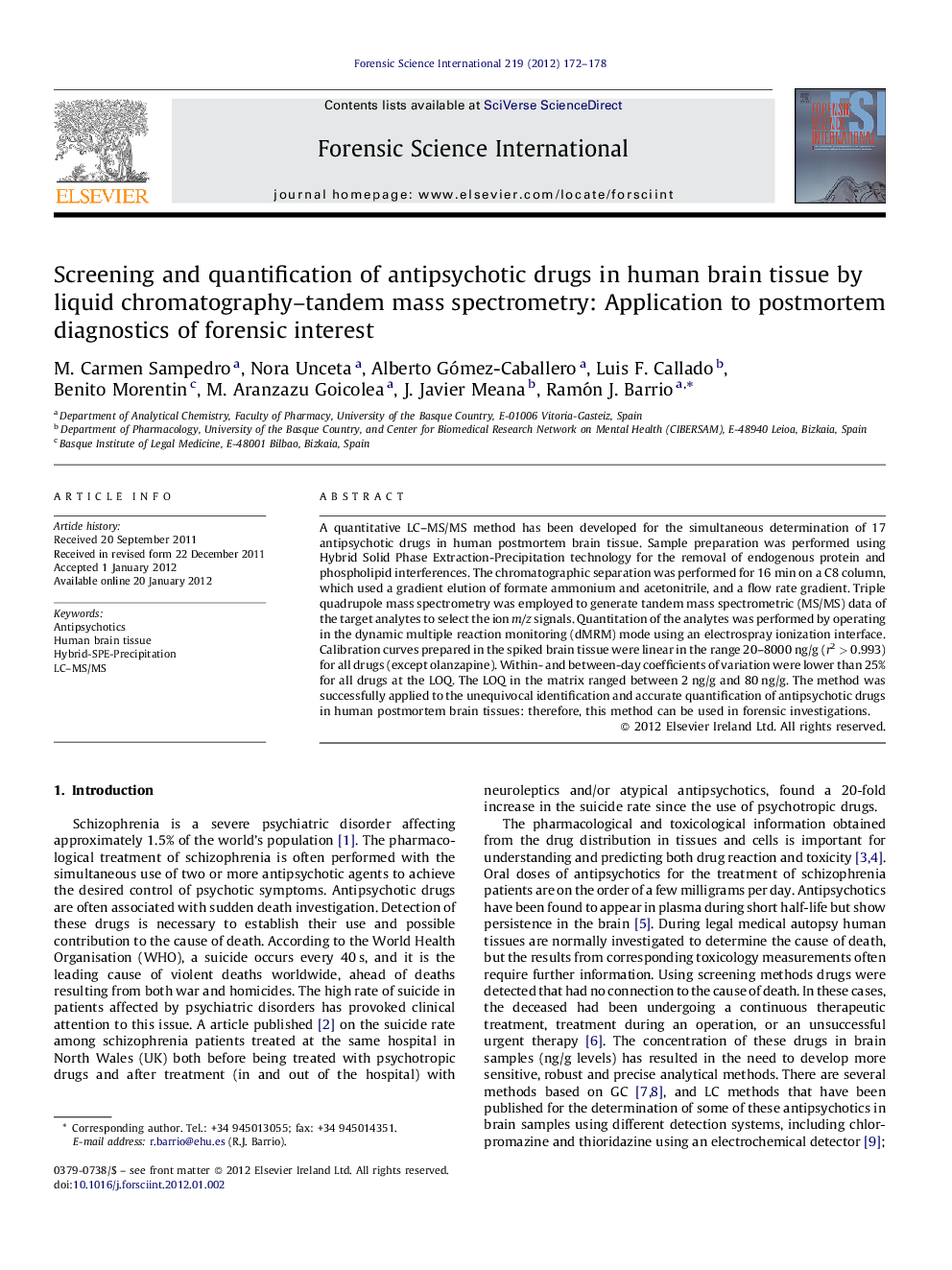 Screening and quantification of antipsychotic drugs in human brain tissue by liquid chromatography–tandem mass spectrometry: Application to postmortem diagnostics of forensic interest