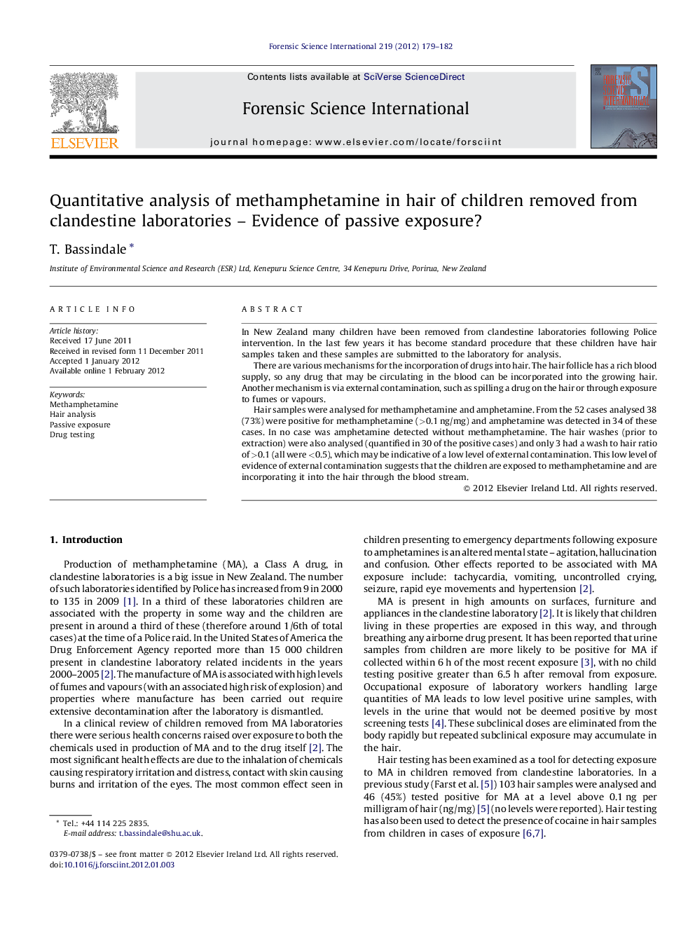 Quantitative analysis of methamphetamine in hair of children removed from clandestine laboratories – Evidence of passive exposure?