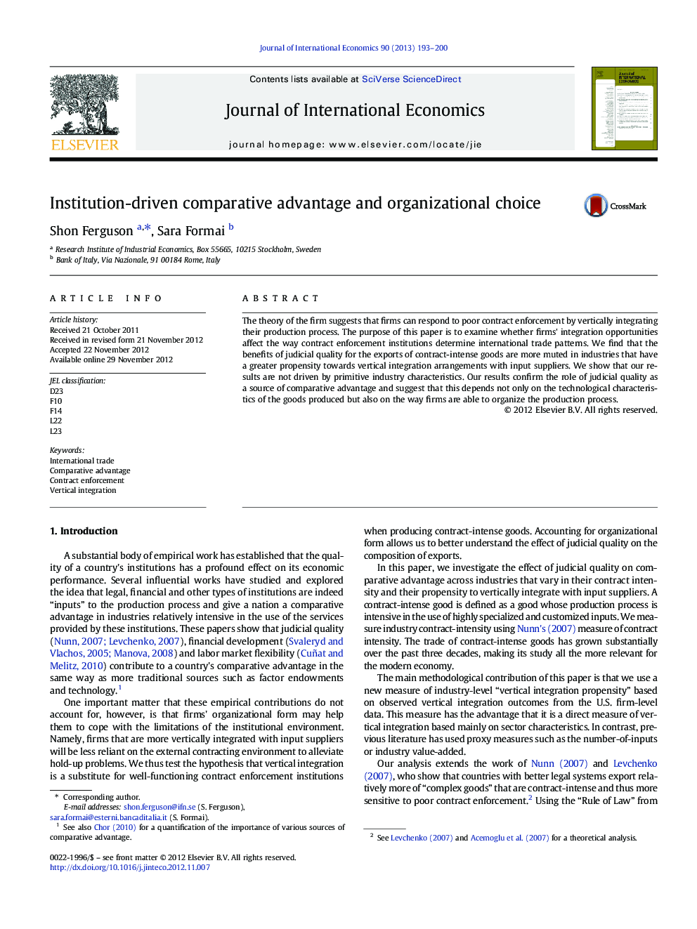 Institution-driven comparative advantage and organizational choice