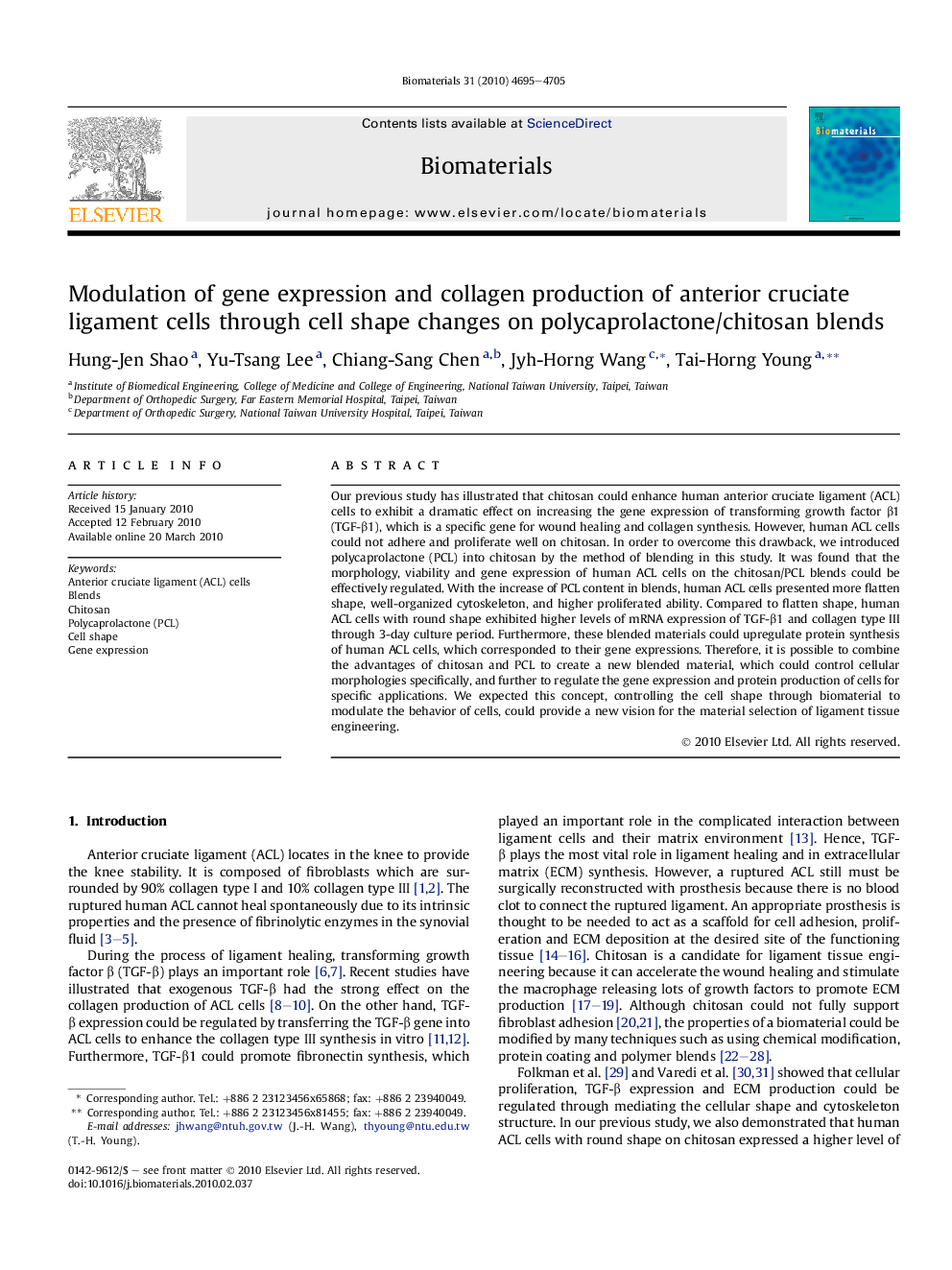 Modulation of gene expression and collagen production of anterior cruciate ligament cells through cell shape changes on polycaprolactone/chitosan blends