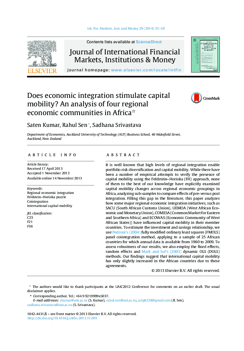 Does economic integration stimulate capital mobility? An analysis of four regional economic communities in Africa