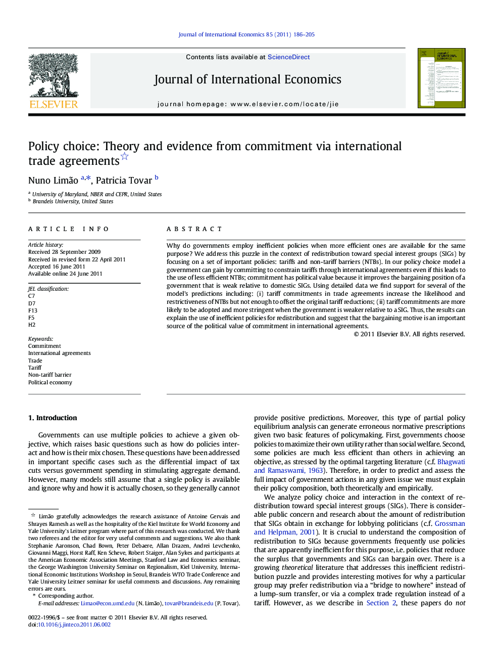 Policy choice: Theory and evidence from commitment via international trade agreements