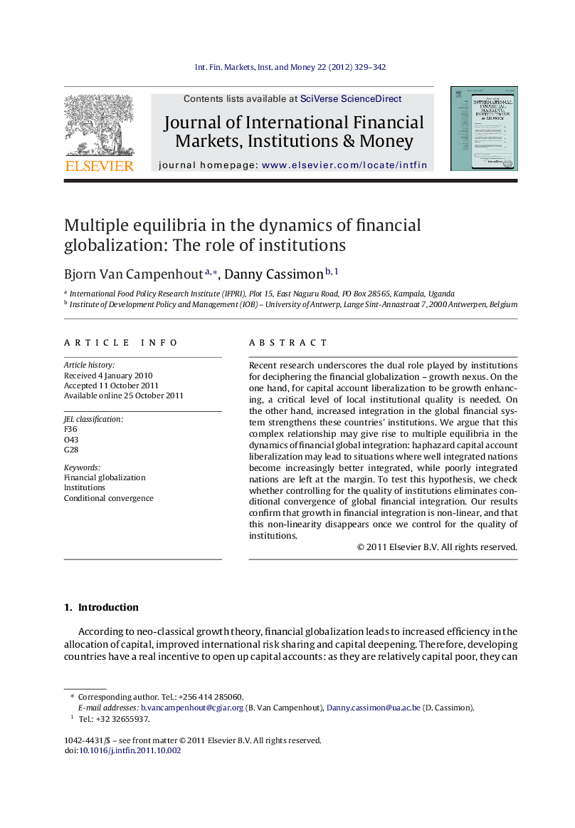 Multiple equilibria in the dynamics of financial globalization: The role of institutions