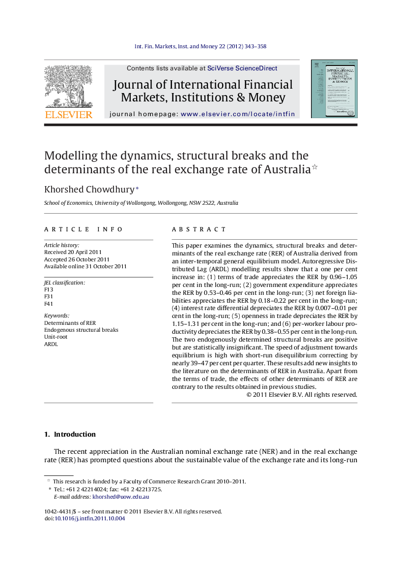 عکس صفحه اول مقاله: Modelling the dynamics, structural breaks and the determinants of the real exchange rate of Australia Modelling the dynamics, structural breaks and the determinants of the real exchange rate of Australia
