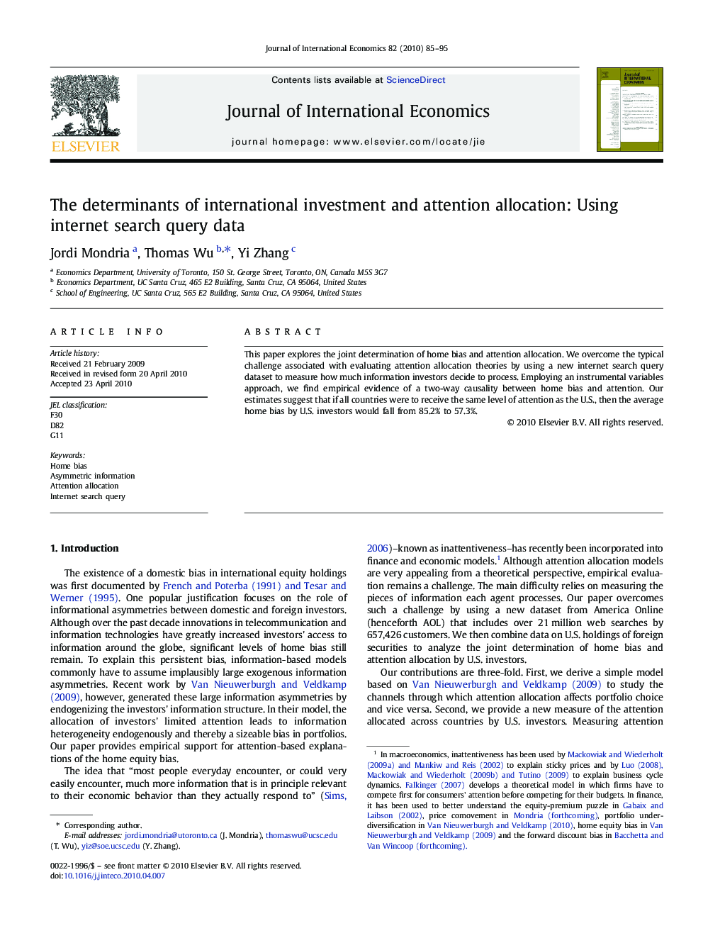 The determinants of international investment and attention allocation: Using internet search query data