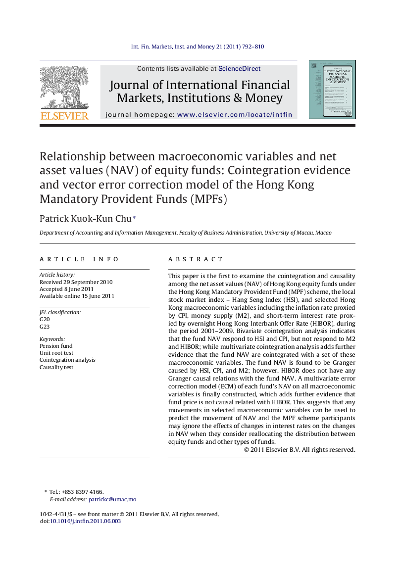 Relationship between macroeconomic variables and net asset values (NAV) of equity funds: Cointegration evidence and vector error correction model of the Hong Kong Mandatory Provident Funds (MPFs)
