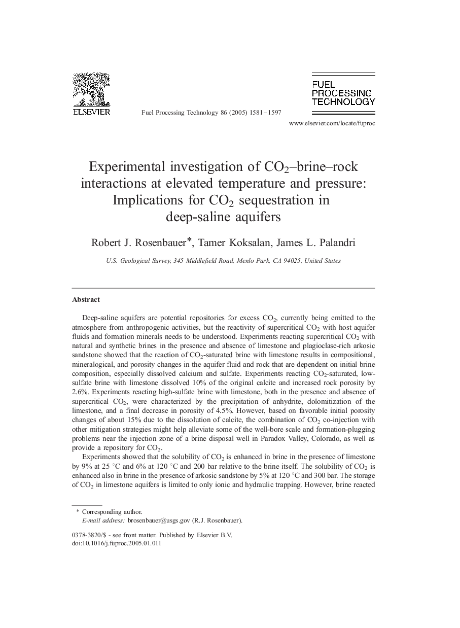 Experimental investigation of CO2-brine-rock interactions at elevated temperature and pressure: Implications for CO2 sequestration in deep-saline aquifers