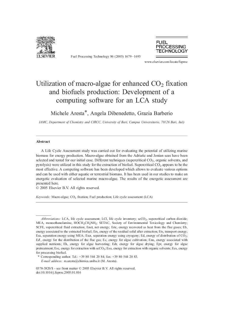 Utilization of macro-algae for enhanced CO2 fixation and biofuels production: Development of a computing software for an LCA study